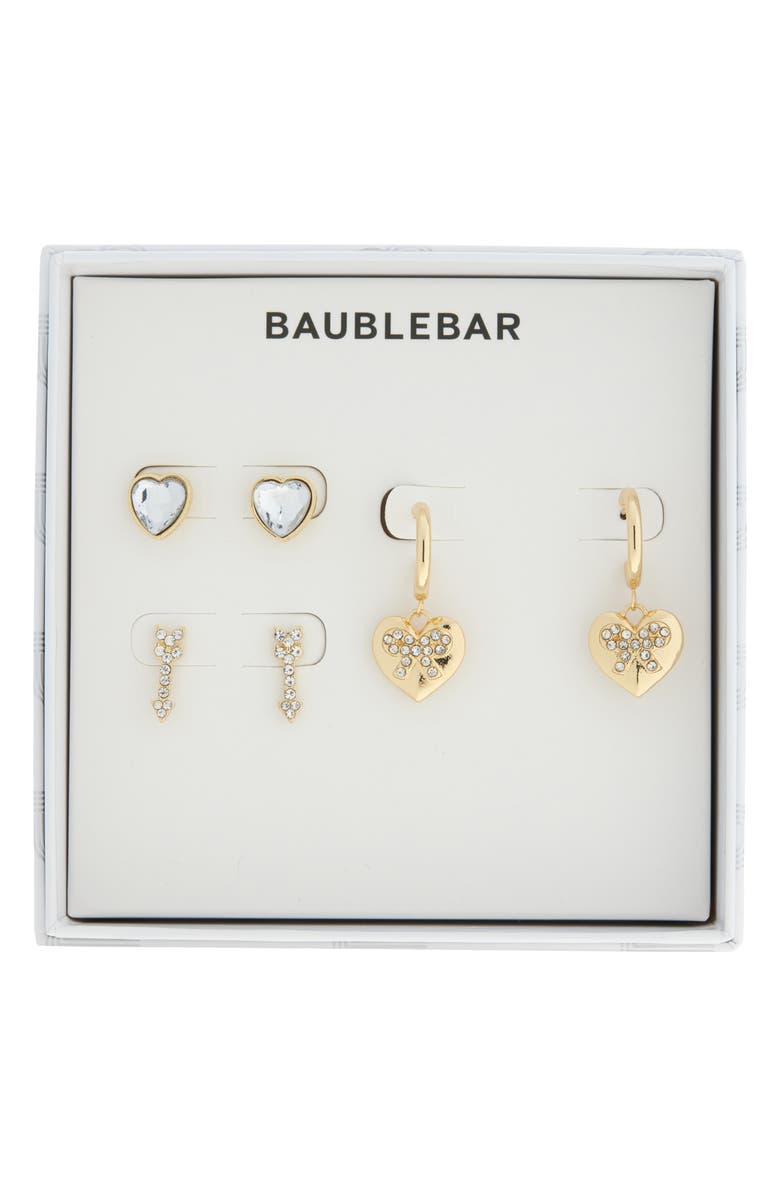 BaubleBar Set of 3 Heart & Arrow Stud Hoop Earrings, Main, color, Clear