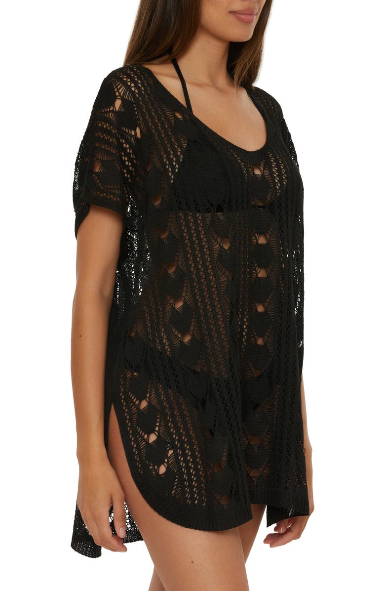 Becca Venica V-Neck Open Knit Cover-Up Sweater Tunic, Alternate, color, Black
