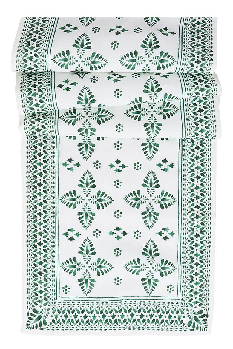 Iberian Border Linen Table Runner, Main, color, EVERGREEN