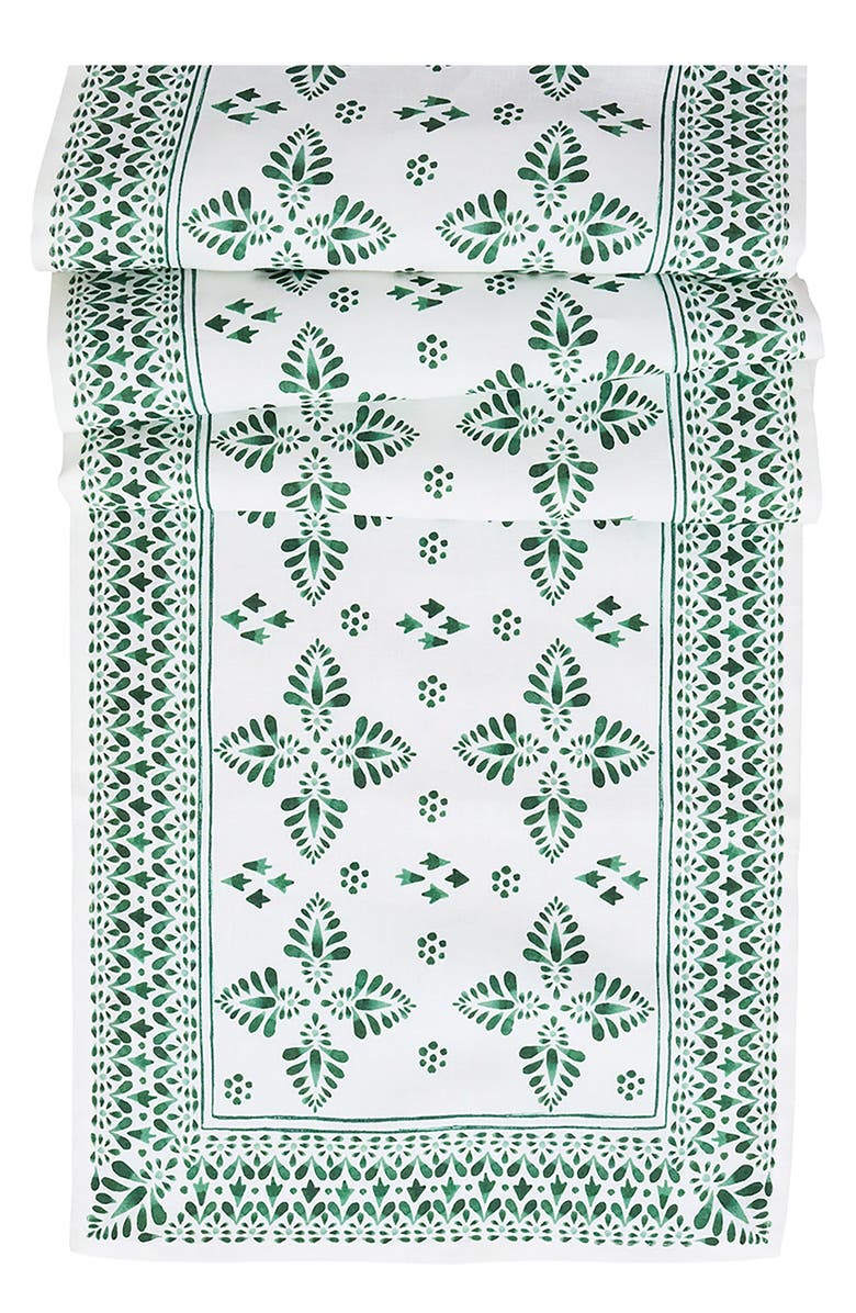 Juliska Iberian Border Linen Table Runner, Main, color, Evergreen