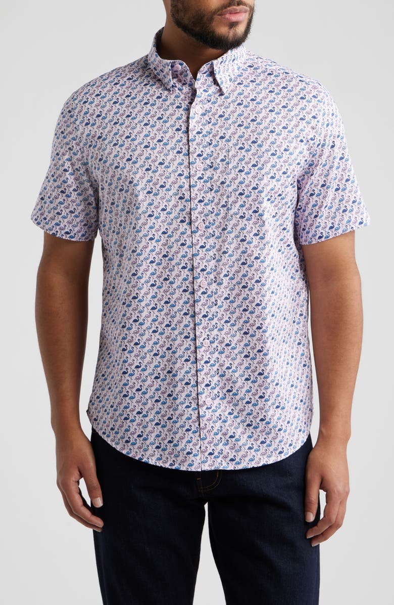 Johnston & Murphy Logan Flamingo Print Short Sleeve Cotton Blend Button-Up Shirt, Main, color, Pink / Blue Flamingos