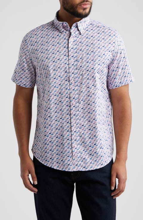 Logan Flamingo Print Short Sleeve Cotton Blend Button-Up Shirt