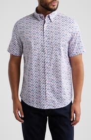 Johnston & Murphy Logan Flamingo Print Short Sleeve Cotton Blend Button-Up Shirt