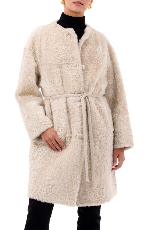 Reversible Collarless Genuine Shearling Short Coat
