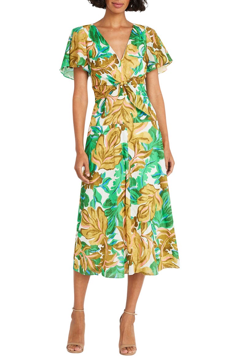 Front Tie Short Sleeve Cotton Midi Dress, Main, color, SOFT WHITE/ GOLDEN OLIVE