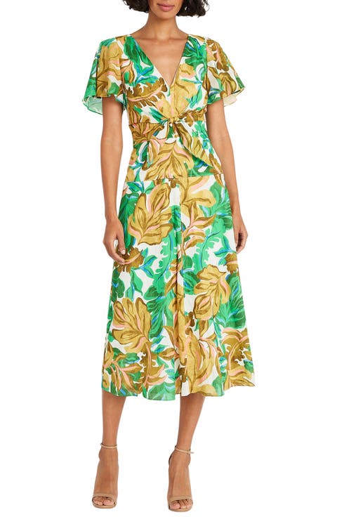 Front Tie Short Sleeve Cotton Midi Dress