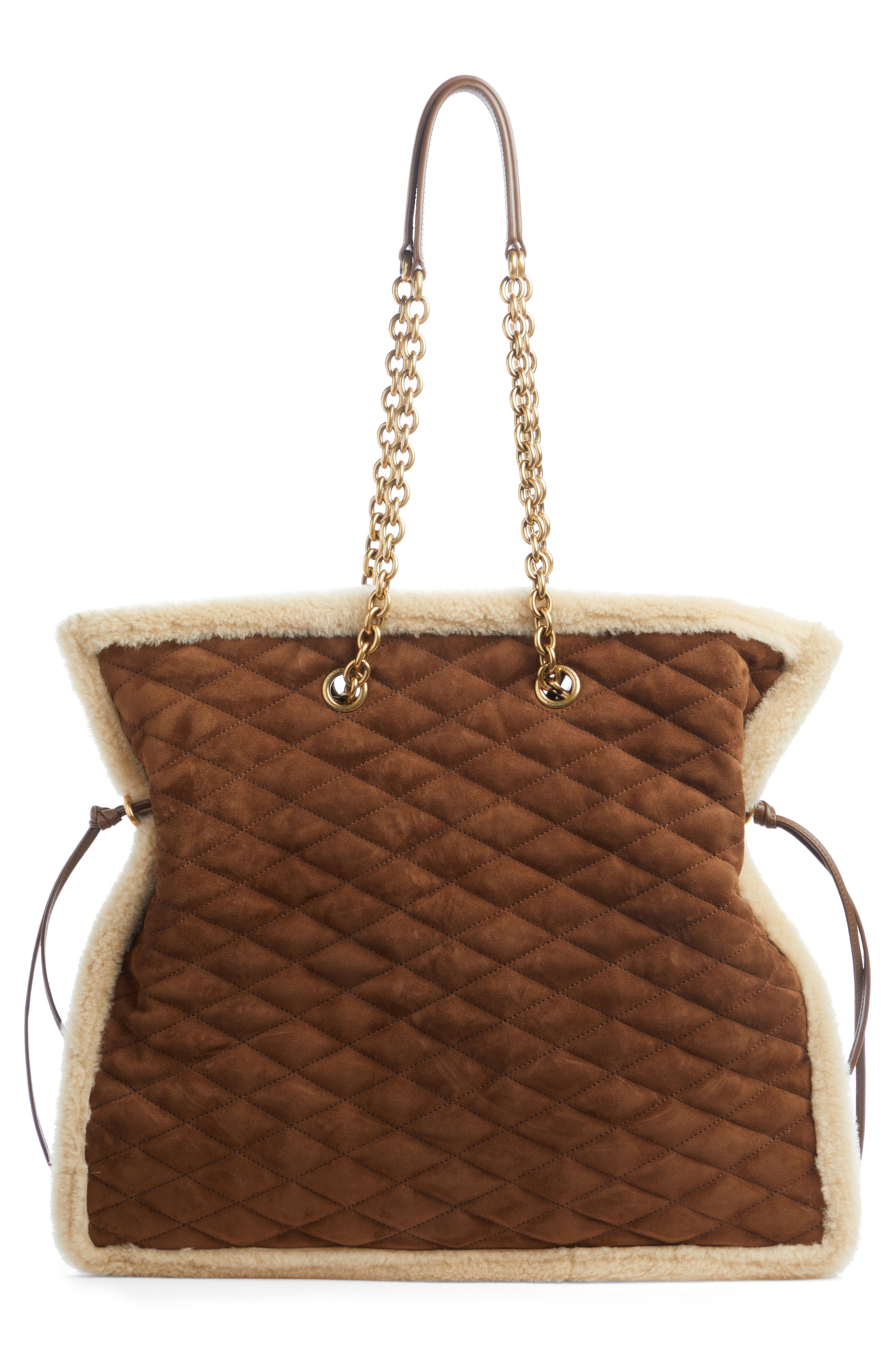 Saint Laurent Le Pochon Genuine Shearling Trim Shoulder Bag, Alternate, color, Dark Cigar/ Natural Beige