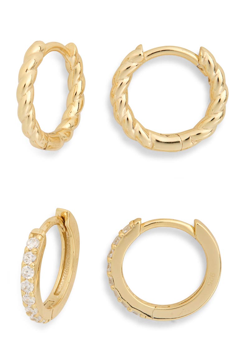 Set of 2 Textured & Cubic Zirconia Huggie Hoop Earrings, Main, color, GOLD