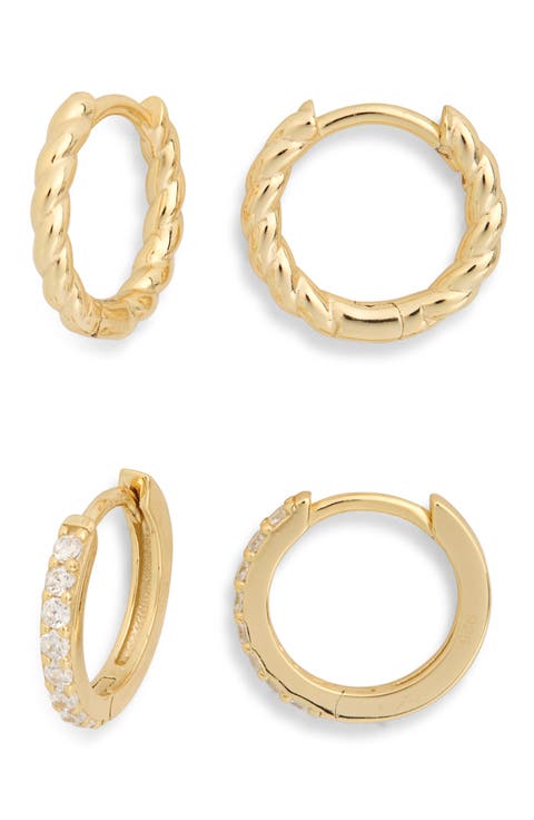 Set of 2 Textured & Cubic Zirconia Huggie Hoop Earrings