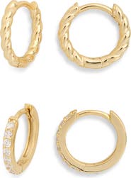 ARGENTO VIVO Set of 2 Textured & Cubic Zirconia Huggie Hoop Earrings