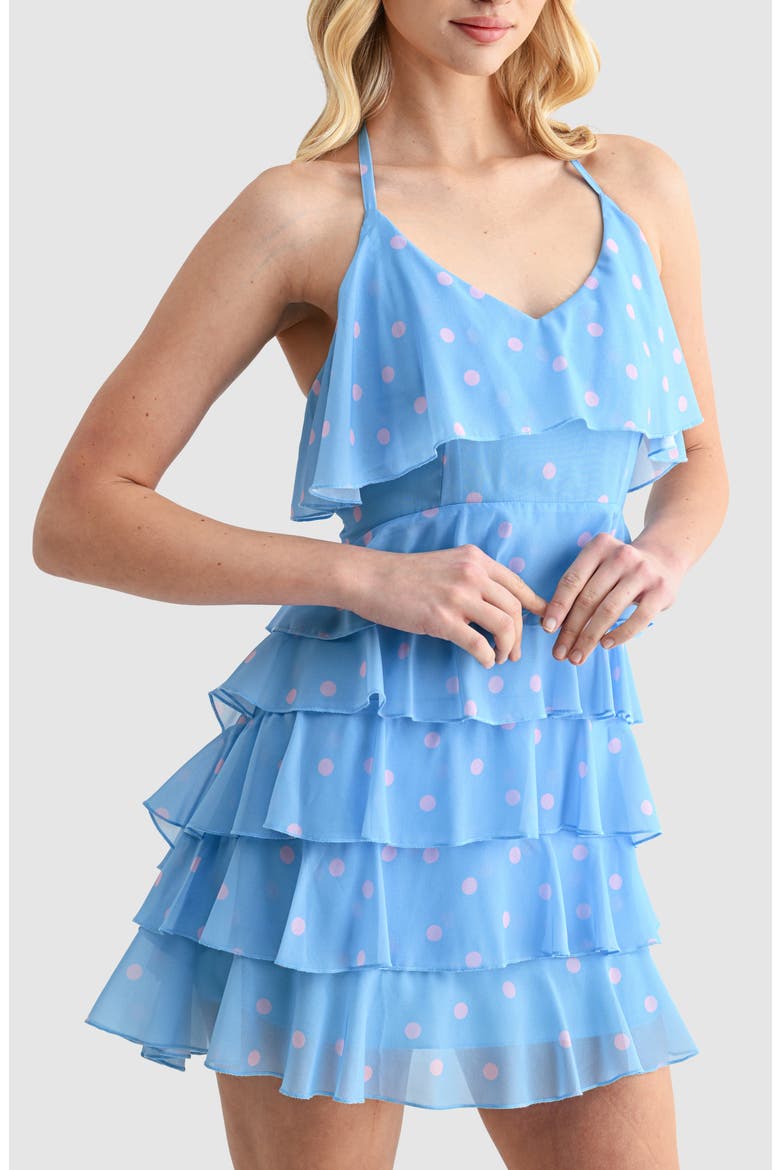 Halter Neck Ruffle Minidress, Alternate, color, BLUE PINK DOT
