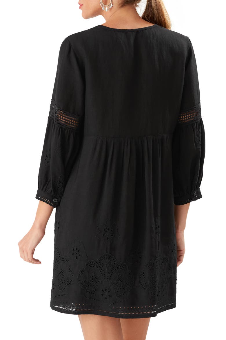 St. Lucia Split Neck Linen Blend Cover-Up Dress, Alternate, color, BLACK