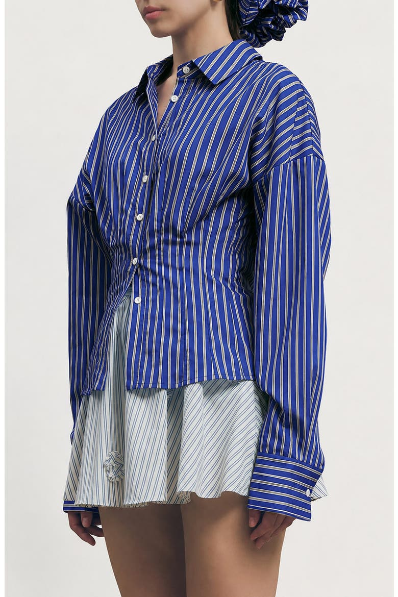 Hadley Pleated Stripe Cotton Blend Button-Up Top, Alternate, color, BLUE STRIPE