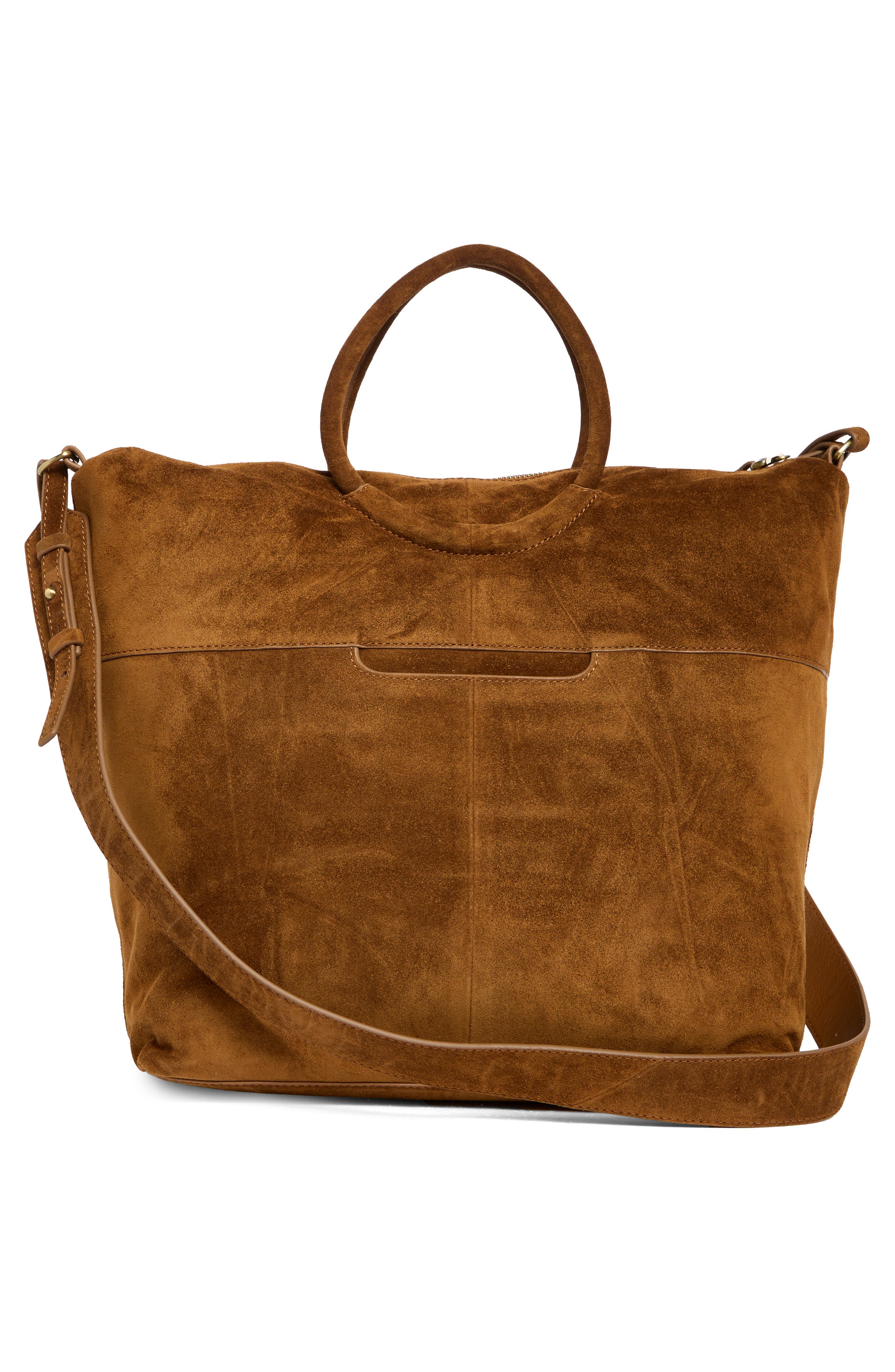 HOBO Maggie Studded Suede Satchel, Alternate, color, Caramel