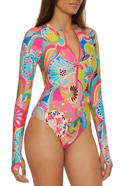 Trina Turk Long Sleeve Zip-up One-piece Rashguard Swimsuit In Pink Multi
