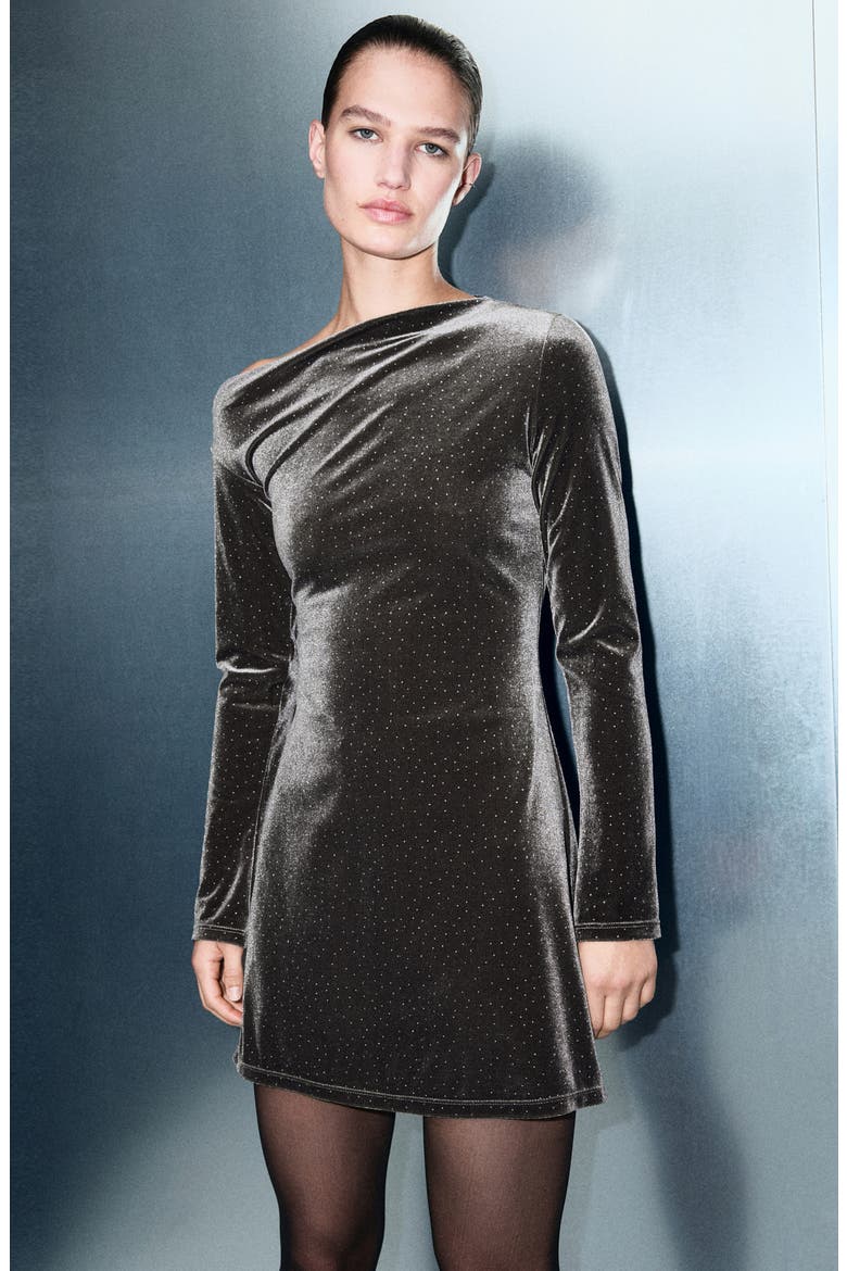 Rhinestone Long Sleeve Velvet Dress, Alternate, color, CHARCOAL