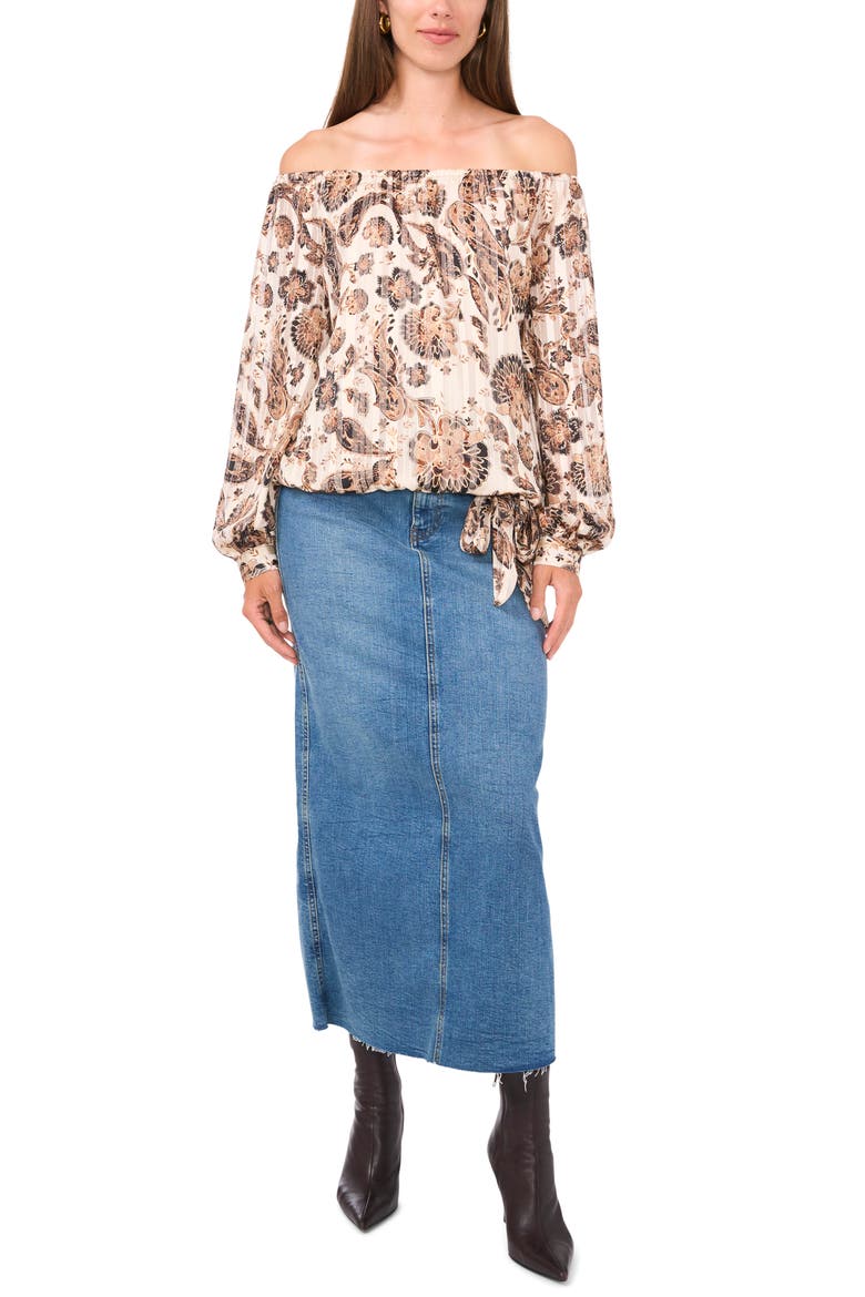 Metallic Stripe Paisley Off the Shoulder Top, Alternate, color, CAFE SKY