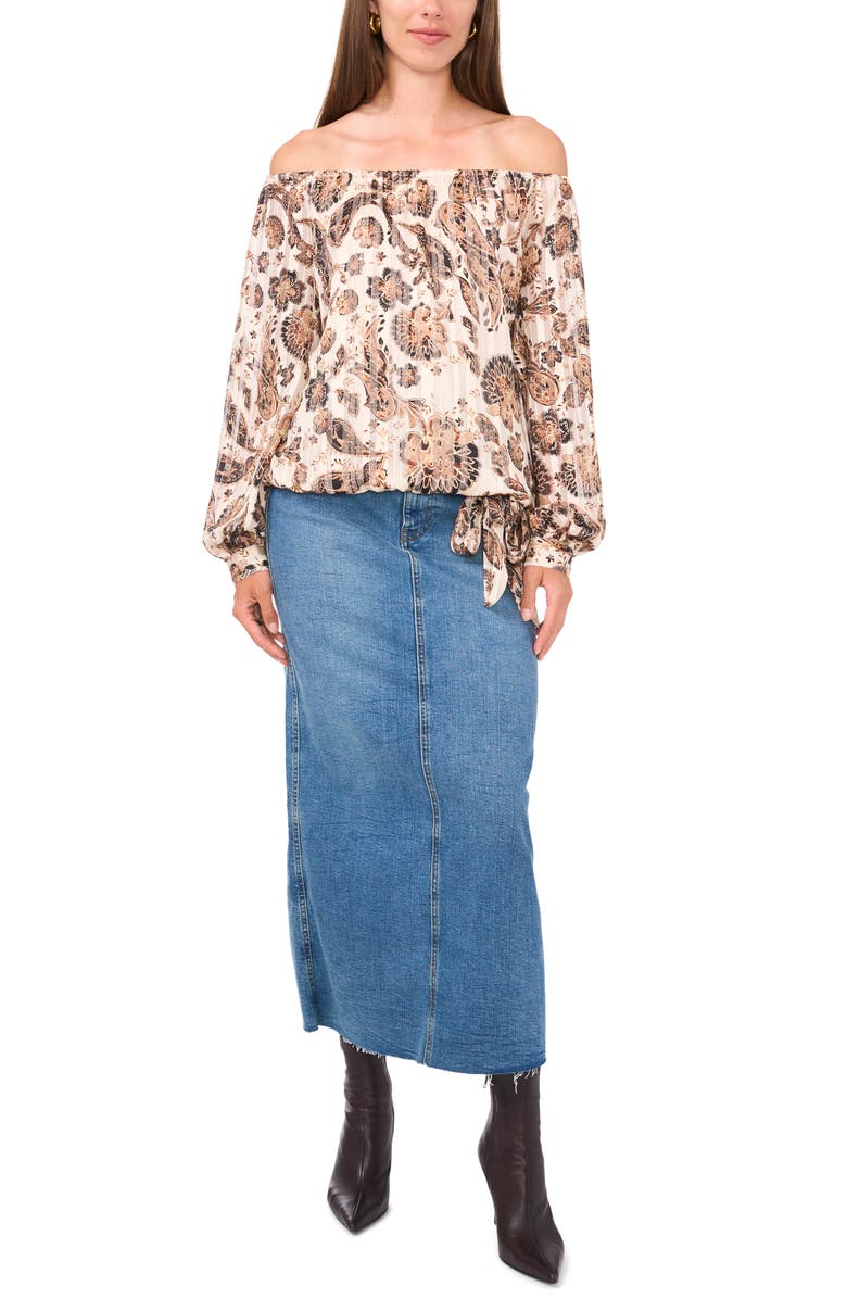 Vince Camuto Metallic Stripe Paisley Off the Shoulder Top, Alternate, color, Cafe Sky