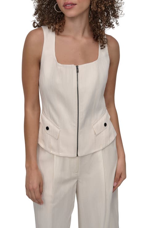 Zip Front Twill Sleeveless Top