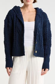 Bobeau Cable Knit Hooded Cardigan