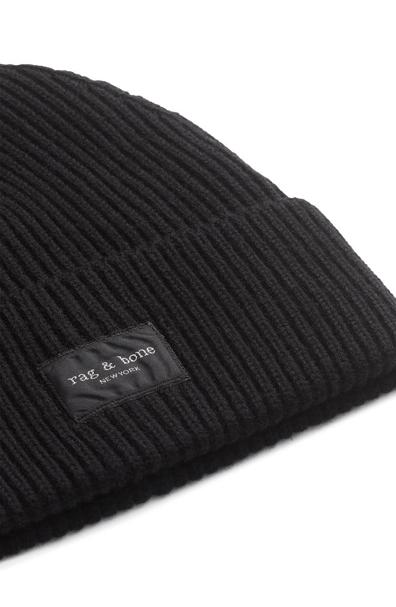 rag & bone Blake Logo Patch Wool Blend Rib Beanie, Alternate, color, Black