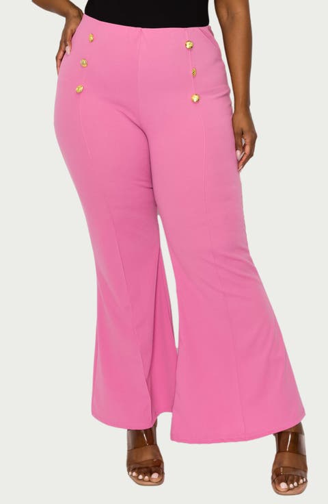 Button High Waist Flare Pants (Plus)