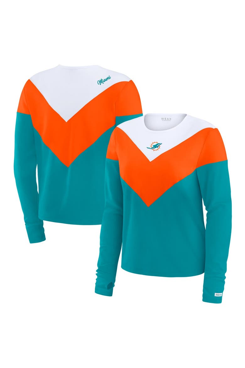 Women's WEAR by Erin Andrews Aqua/Orange Miami Dolphins Chevron Tri-Blend Long Sleeve T-Shirt, Main, color, Aqua