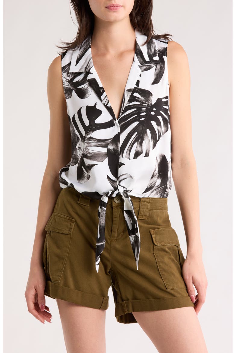 Amos Sleeveless Tie Front Top, Main, color, BLACK/ WHITE PALM LEAVES
