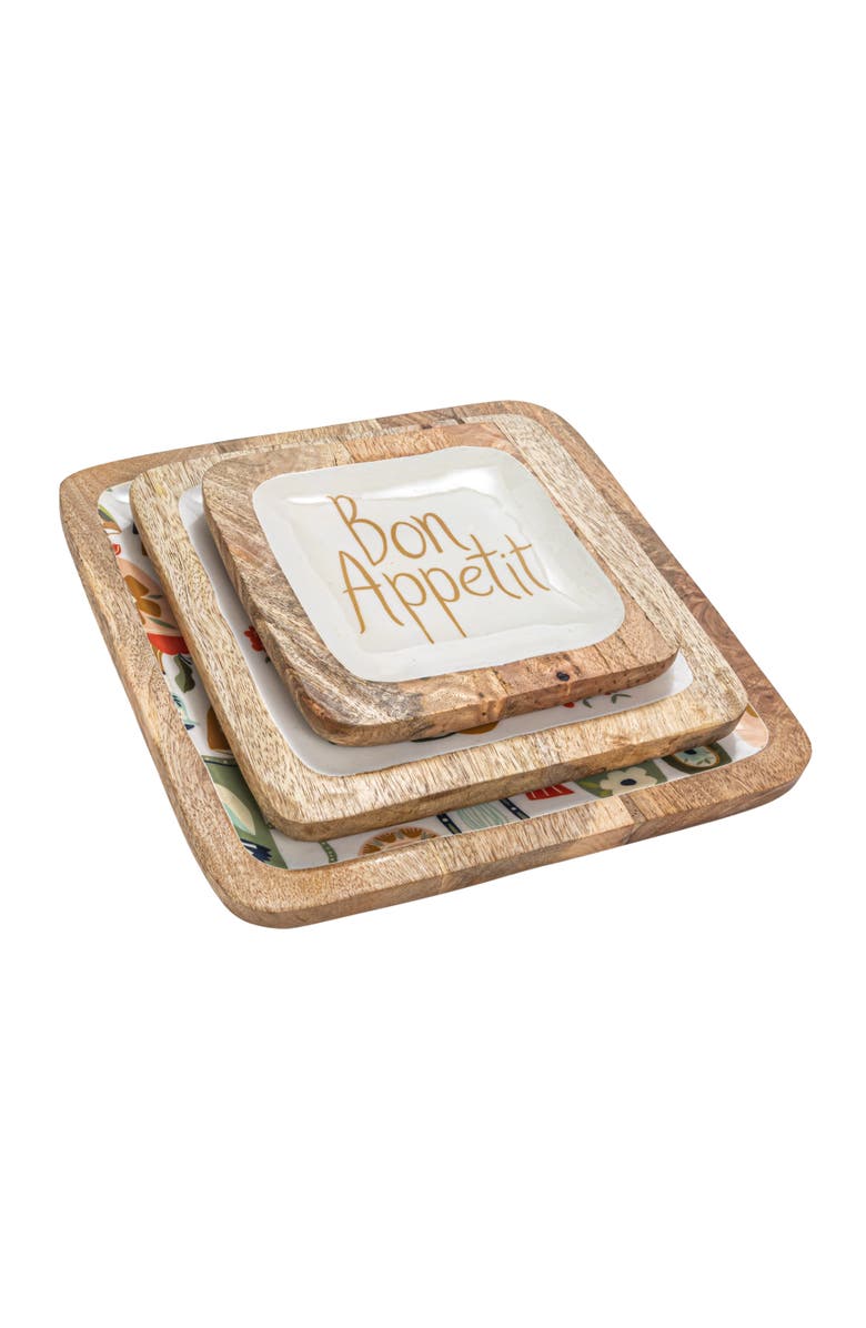 Storied Home Enameled Mango Wood Trays with Kitchenware Pattern, Set of 3, Main, color, White