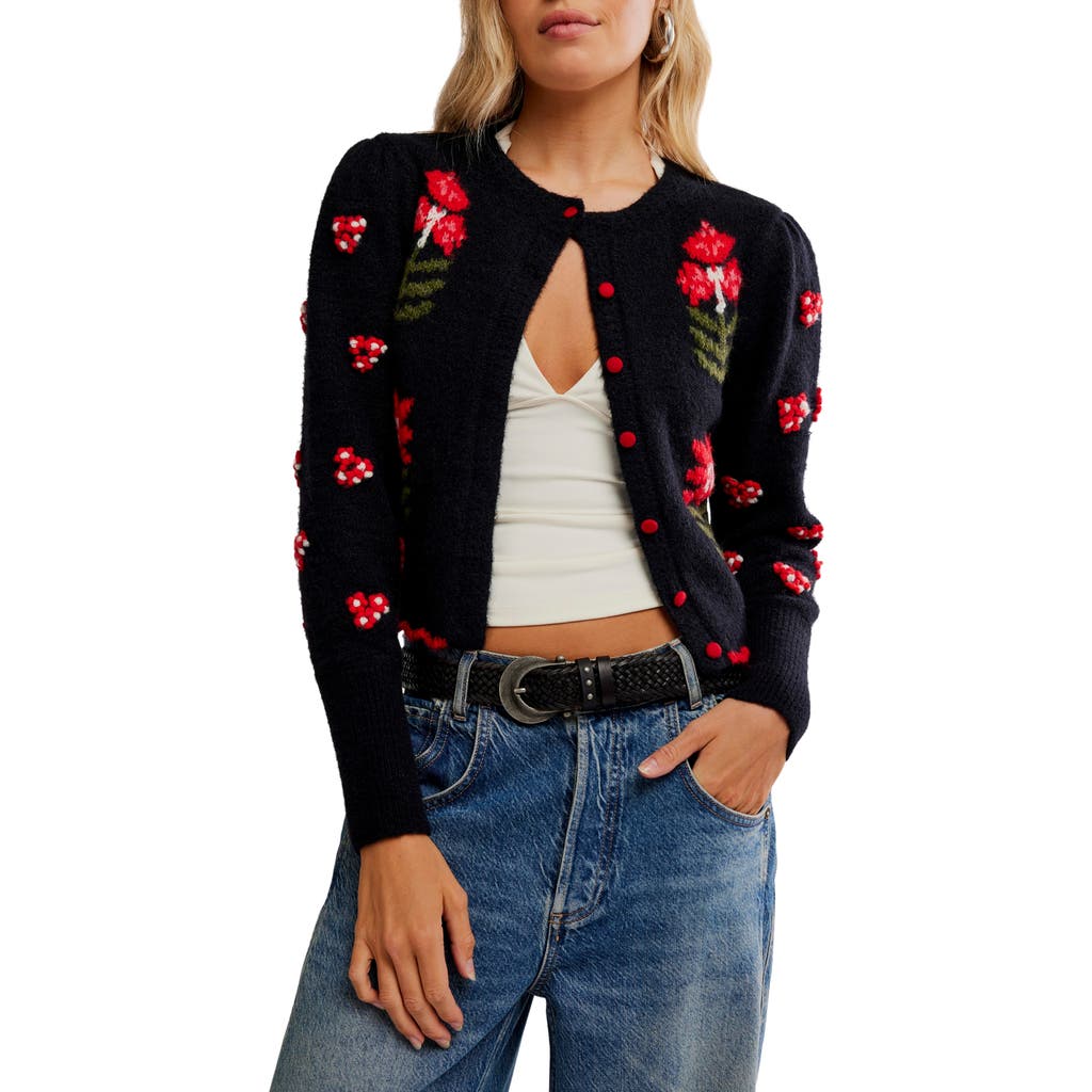 Free People Nonna Floral Jacquard Cotton Cardigan In Black
