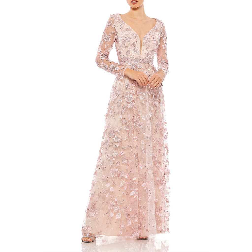 Mac Duggal Floral Applique Long Sleeve Illusion Gown In Rose Pink