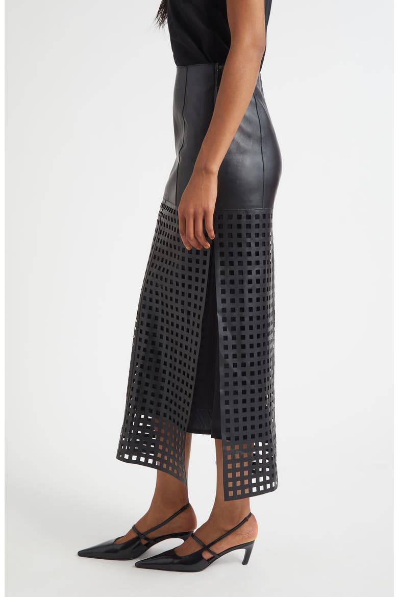 Laser Cut Nappa Leather Midi Skirt, Alternate, color, SOLID BLACK
