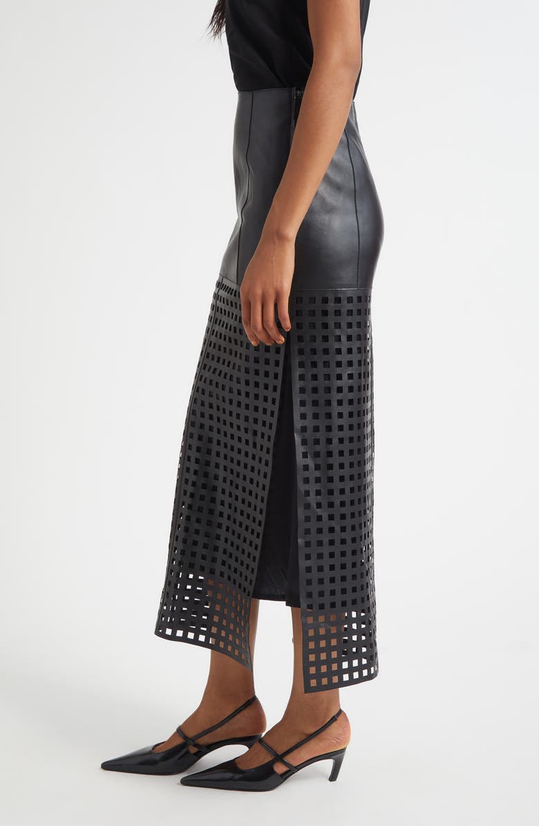 Emporio Armani Laser Cut Nappa Leather Midi Skirt, Alternate, color, Solid Black