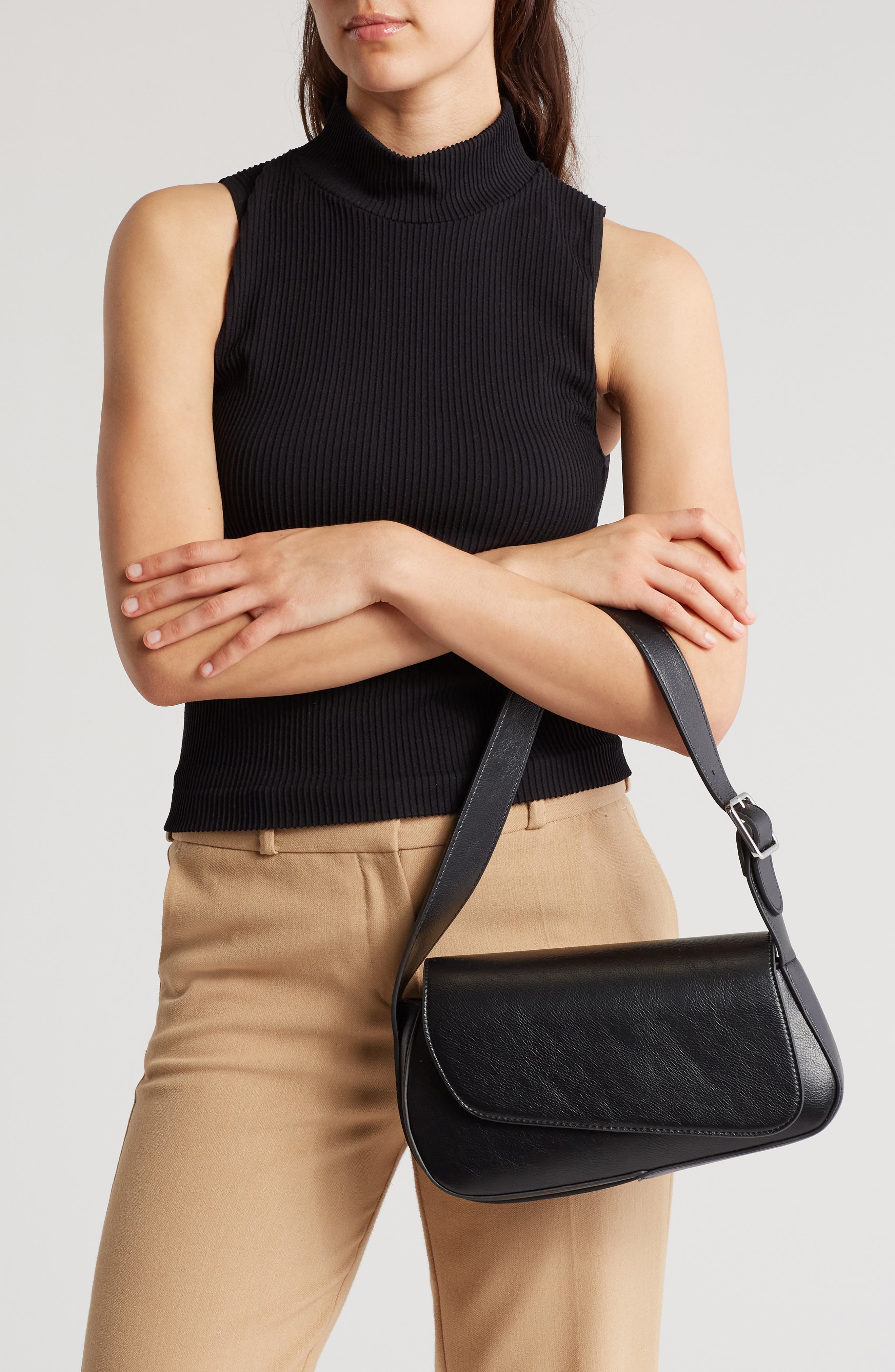 BCBG Asymmetric Flap Shoulder Bag, Alternate, color, Black