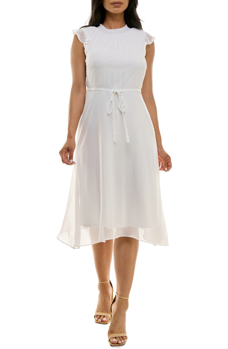 Nina Leonard Flutter Sleeve Chiffon Midi Dress, Main, color, Ivory