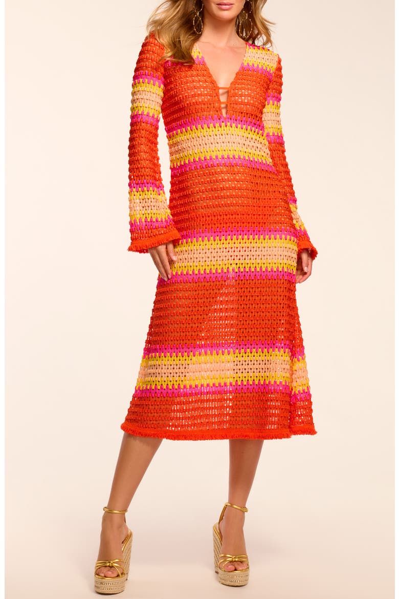 Hannah Stripe Long Sleeve Semisheer Cover-Up Dress, Main, color, VIVID ORANGE CROCHET