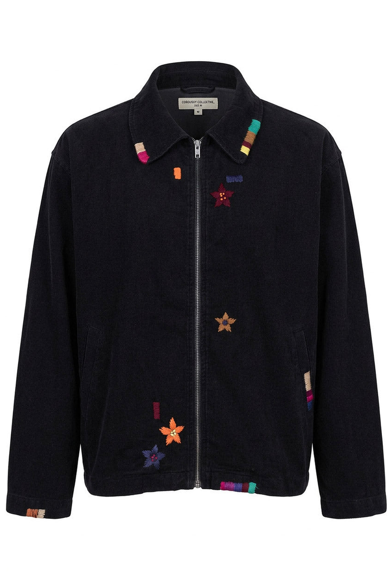 Embroidered Contrast Trim Zip Front Jacket, Alternate, color, Black