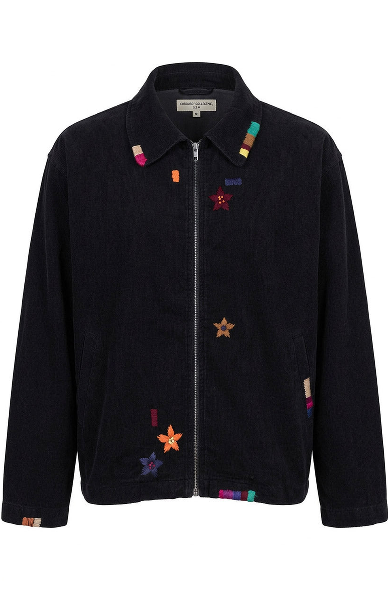 Modenaire Embroidered Contrast Trim Zip Front Jacket, Alternate, color, Black