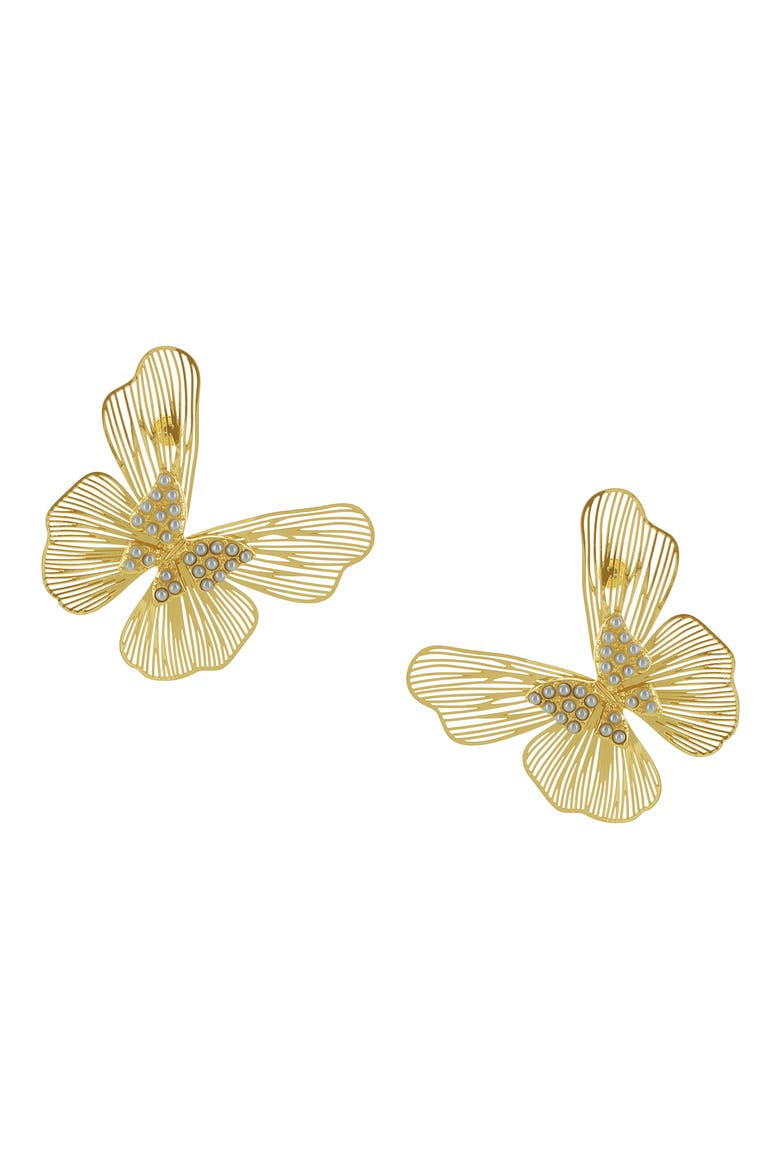 Butterfly Imitation Pearl Drop Earrings, Main, color, GOLD / WHITE