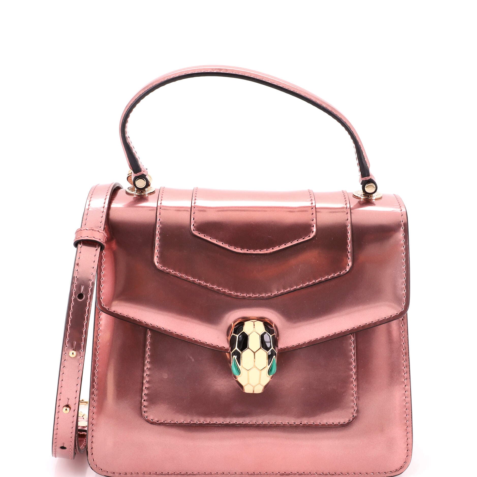 Serpenti Forever Top Handle Bag Patent Small, Main, color, Metallic Silver