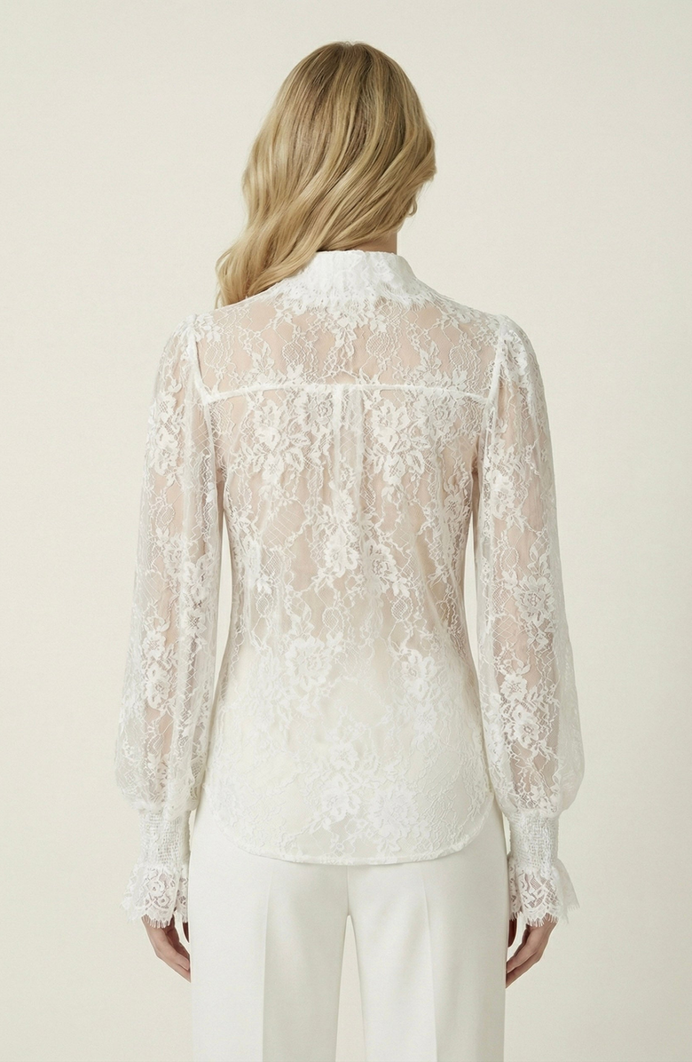 Modenaire Oversized Bow Tie Neck Ruffle Sheer Lace Blouse, Alternate, color, White