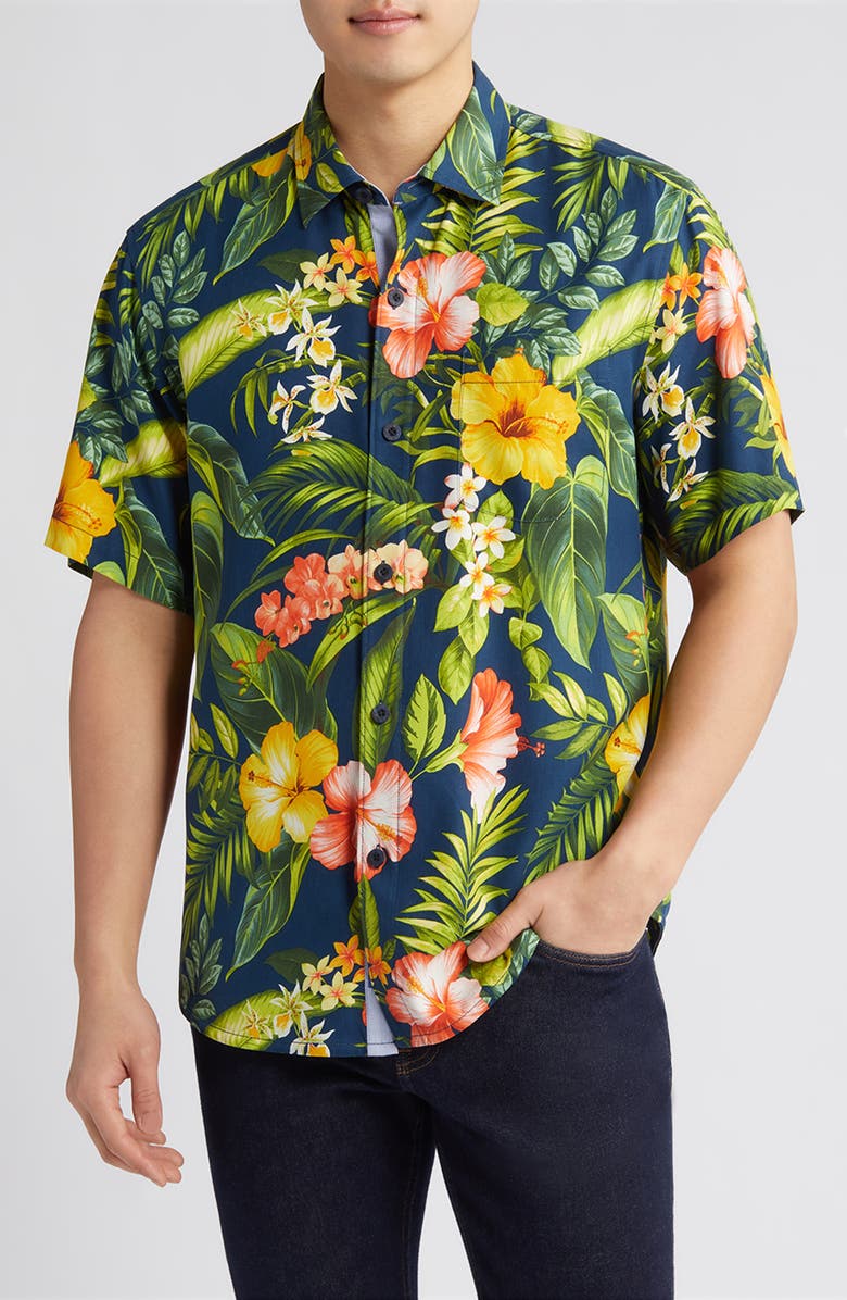 Tommy Bahama Midnight Hibiscus Short Sleeve Silk Button-Up Shirt, Main, color,