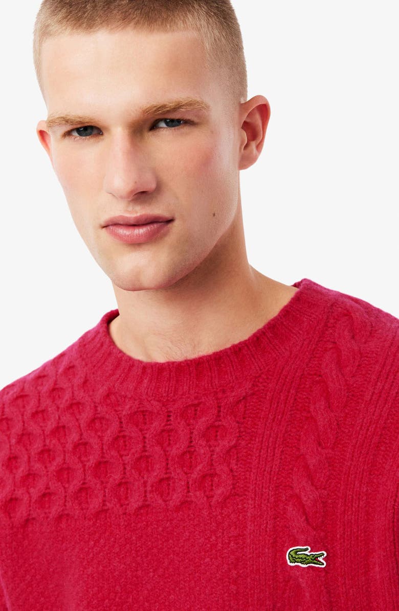 Lacoste Mixed Texture Wool Blend Crewneck Sweater, Alternate, color, Bigarreau Cherry