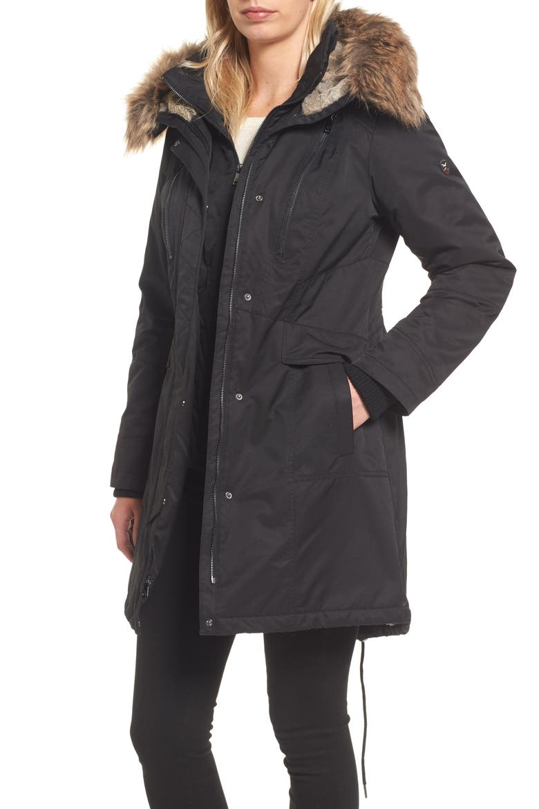 Insulated Parka with Faux Fur Trim, Main, color, BLACK