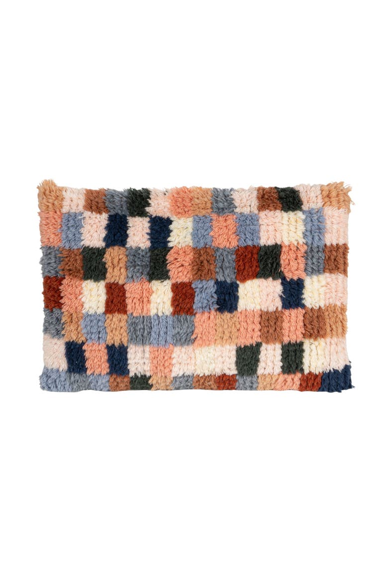 New Zealand Wool Tufted Checkered Lumbar Pillow with Cotton Back, Multicolor, Main, color, Multicolor