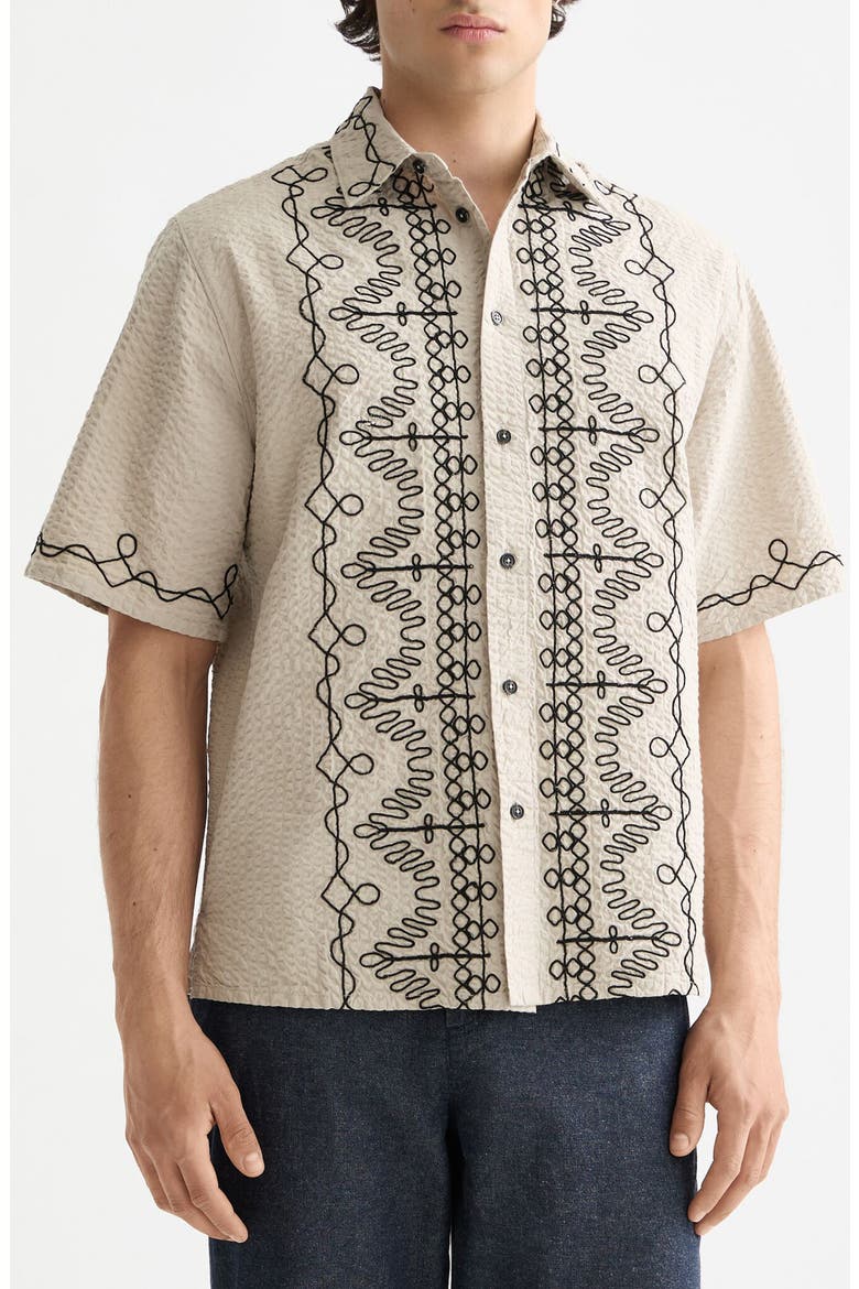 Oversize Embroidered Short Sleeve Cotton Seersucker Button-Up Shirt, Main, color, PLAZA TAUPE