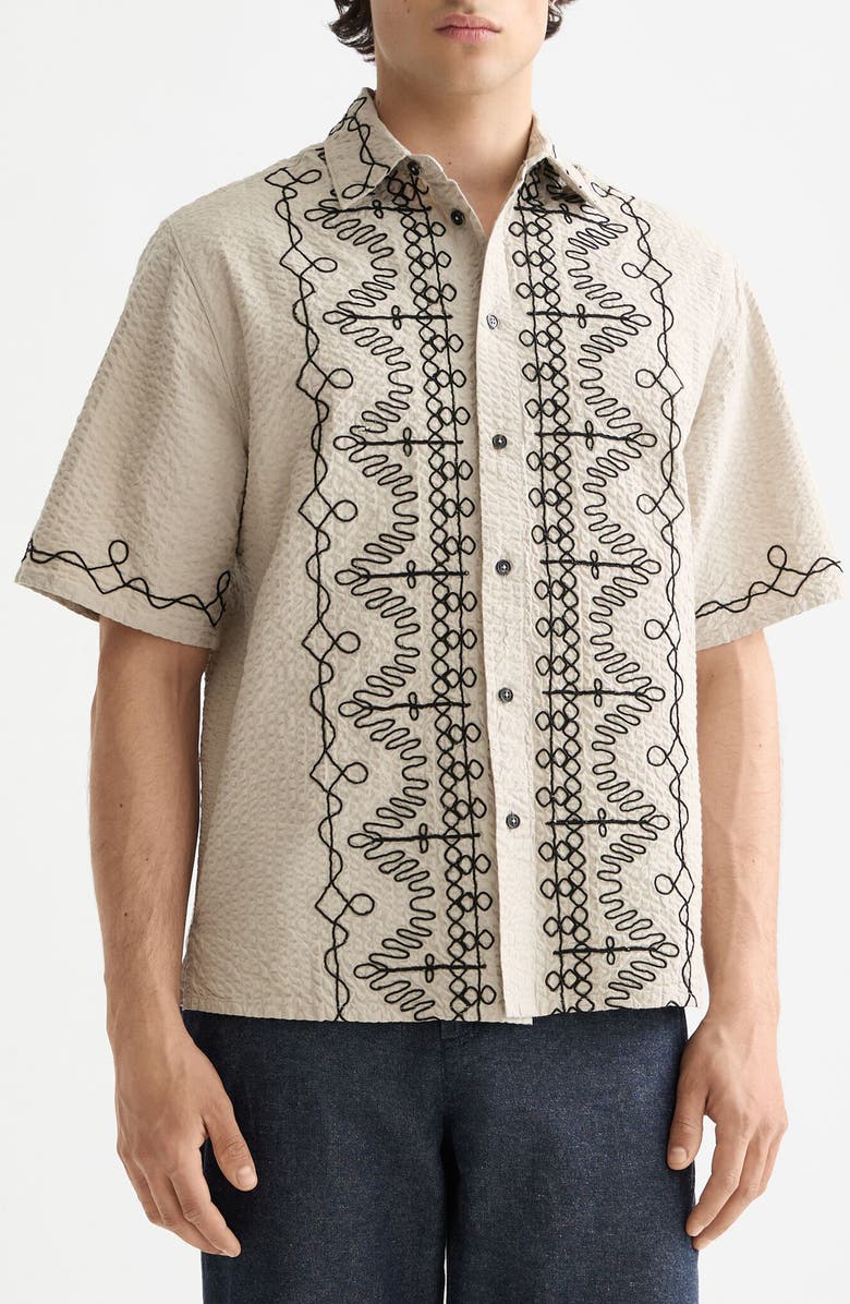 Scotch & Soda Oversize Embroidered Short Sleeve Cotton Seersucker Button-Up Shirt, Main, color, Plaza Taupe