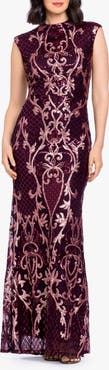 Betsy & Adam Sequin Mock Neck Sleeveless Mermaid Gown