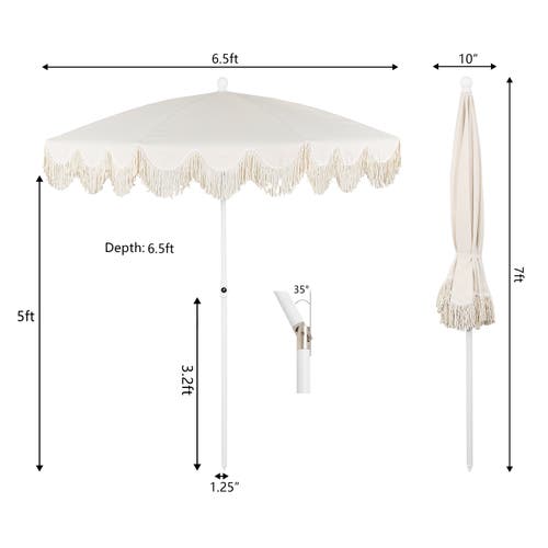 Jonathan Y Mariner 6.5 Ft. Classic Cottage Fringe Tassel Market Beach Umbrella With Push Button Tilt In Neutral