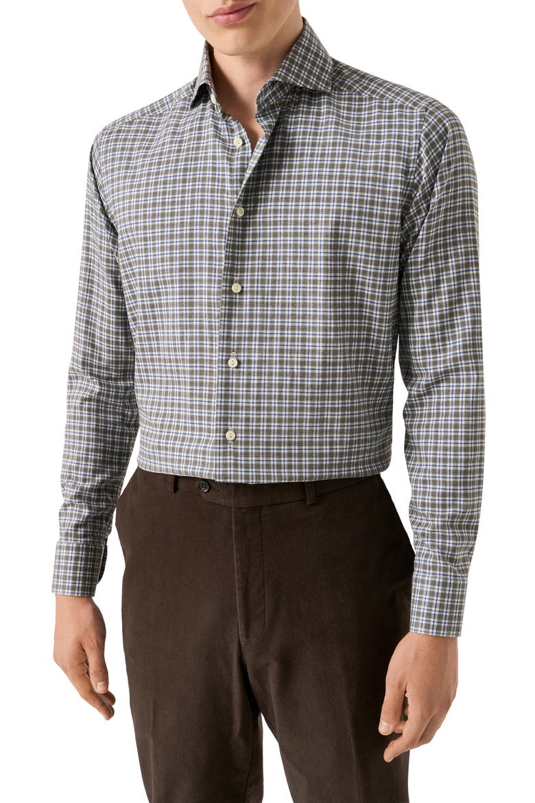 Contemporary Fit Grey Check Cotton Flannel Dress Shirt, Main, color, DARK GREY